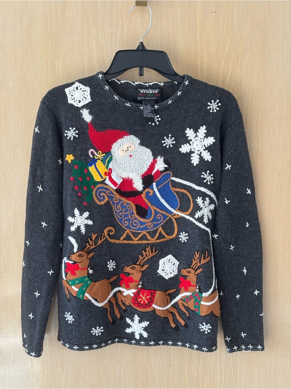 Designer Originals Studio Ho Ho Ho Santa Reindeer Bells Applique Sweater S